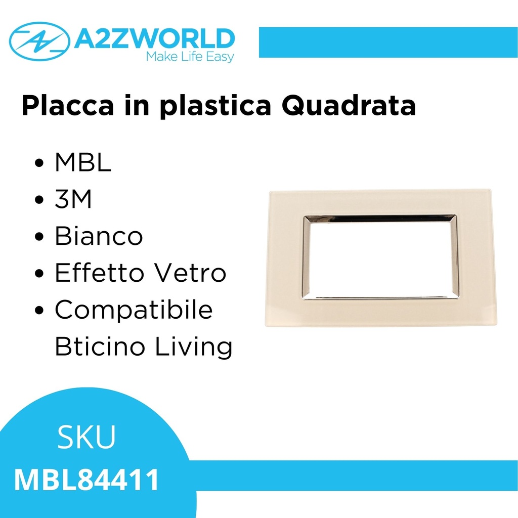Placca Quadrata Effetto Vetro MBL 4M Bianco Compatibile Bticino Living
