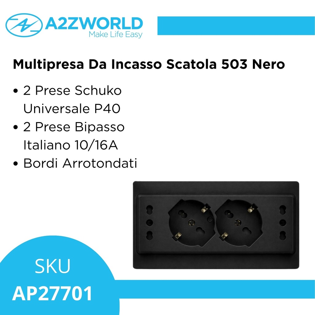 Multipresa Da Incasso Scatola 503 Nero, 2 Prese Schuko Universale P40 + 2 Prese Bipasso Italiano 10/16A