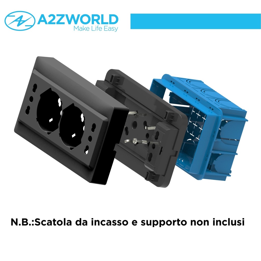 Multipresa Da Incasso Scatola 503 Nero, 2 Prese Schuko Universale P40 + 2 Prese Bipasso Italiano 10/16A