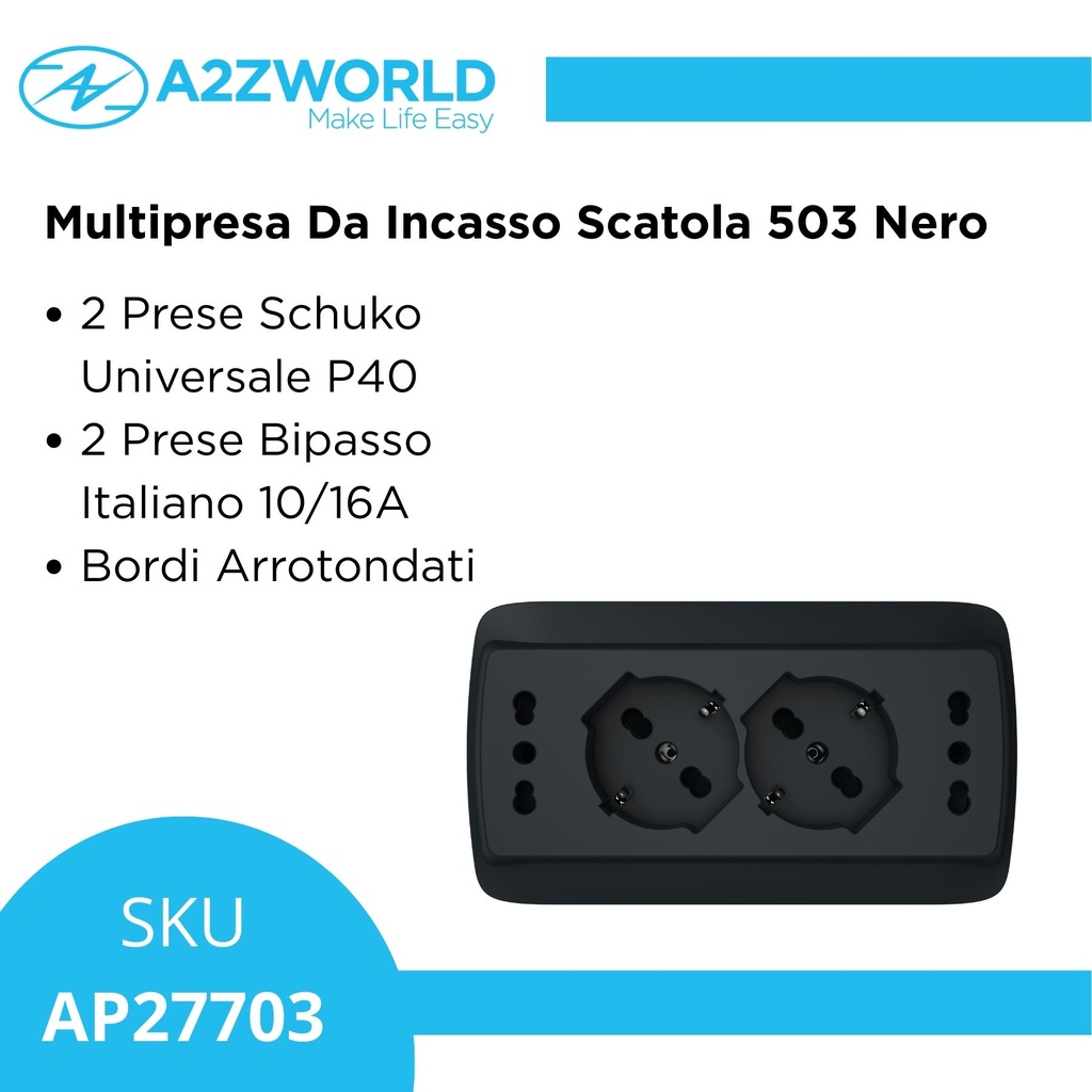 Multipresa Da Incasso Scatola 503 Nero, 2 Prese Schuko Universale P40 + 2 Prese Bipasso Italiano 10/16A