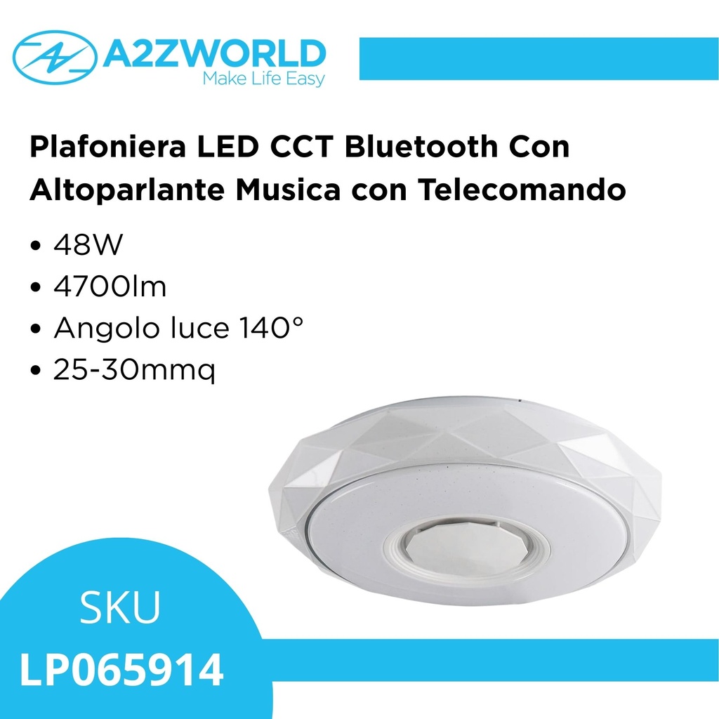 Plafoniera LED CCT Bluetooth Con Altoparlante Musica 48W 4700lm D410x95mm 140° con Telecomando 25-30mmq