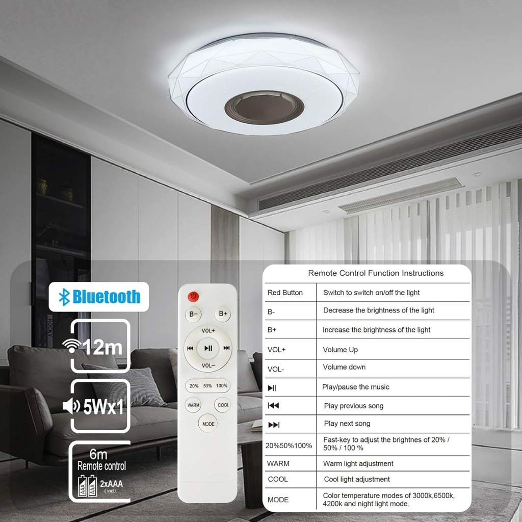 Plafoniera LED CCT Bluetooth Con Altoparlante Musica 48W 4700lm D410x95mm 140° con Telecomando 25-30mmq