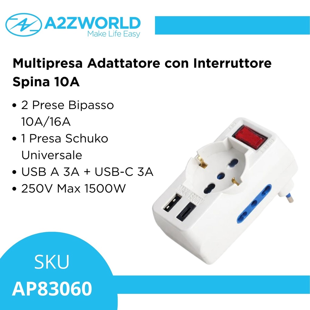 Multipresa Adattatore con Interruttore Spina 10A, 2 Prese Bipasso 10A/16A, 1 Presa Schuko Universale, USB A 3A + USB-C 3A, 250V Max 1500W