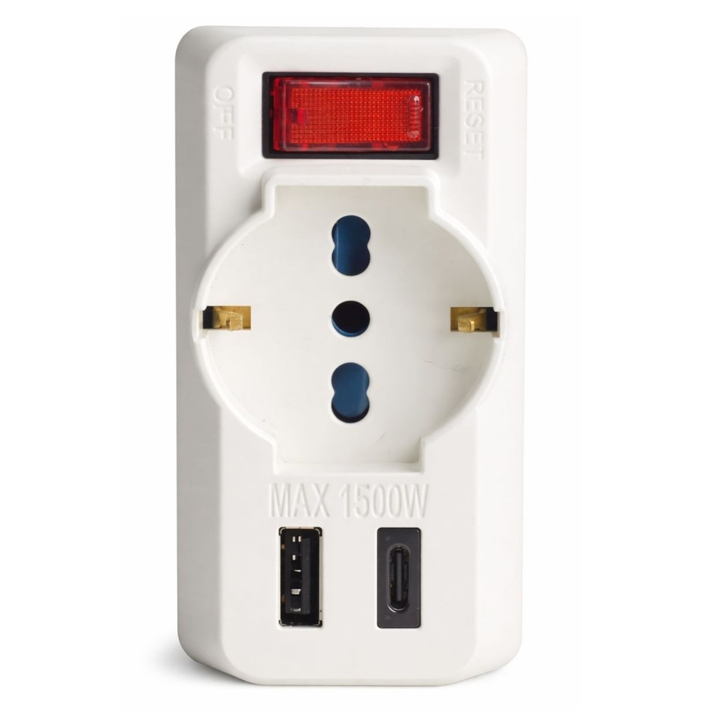 Multipresa Adattatore con Interruttore Spina 10A, 2 Prese Bipasso 10A/16A, 1 Presa Schuko Universale, USB A 3A + USB-C 3A, 250V Max 1500W