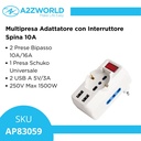 Multipresa Adattatore con Interruttore Spina 10A, 2 Prese Bipasso 10A/16A, 1 Presa Schuko Universale, 2 USB A 5V/3A 250V Max 1500W