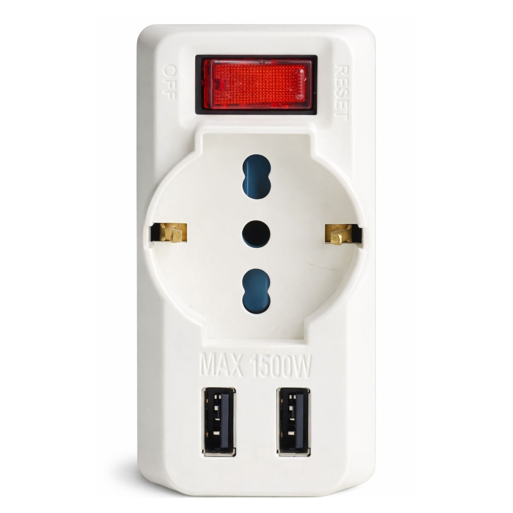 Multipresa Adattatore con Interruttore Spina 10A, 2 Prese Bipasso 10A/16A, 1 Presa Schuko Universale, 2 USB A 5V/3A 250V Max 1500W