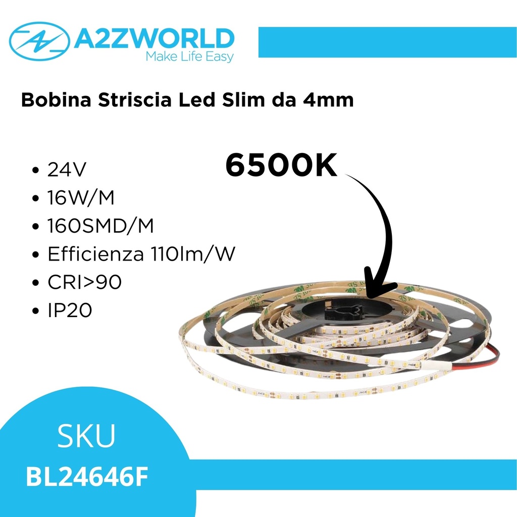Bobina Striscia Led Slim da 4mm, 24V 16W/M 160SMD/M, Bianco Freddo 6500K, Tagliabile ogni 5cm da 8 SMD 2216, IP20, Efficienza 110lm/W, CRI>90 BL2416F