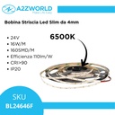 Bobina Striscia Led Slim da 4mm, 24V 16W/M 160SMD/M, Bianco Freddo 6500K, Tagliabile ogni 5cm da 8 SMD 2216, IP20, Efficienza 110lm/W, CRI>90 BL2416F