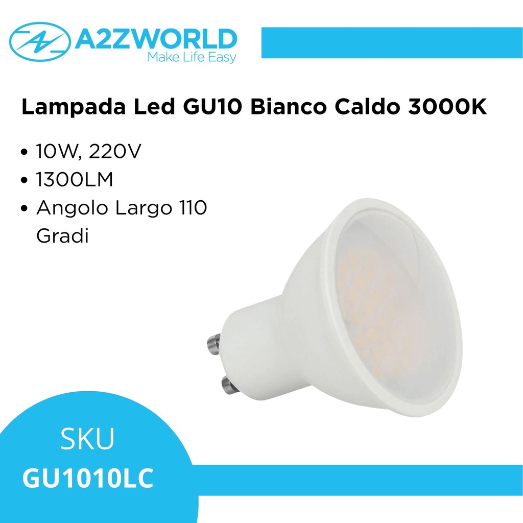 Lampada Led GU10 10W 1300LM Angolo Largo 110 Gradi Bianco Caldo 3000K 220V D50X58mm