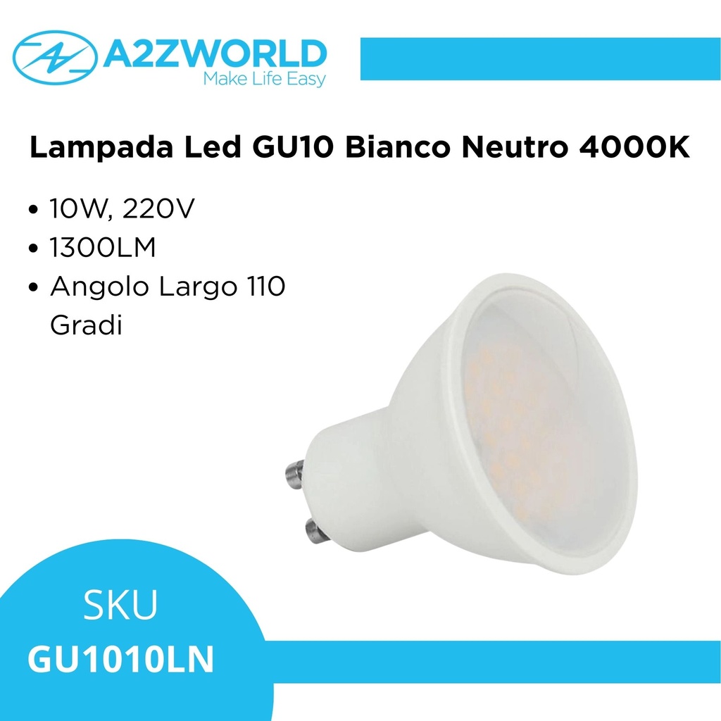 Lampada Led GU10 10W 1300LM Angolo Largo 110 Gradi Bianco Neutro 4000K 220V D50X58mm