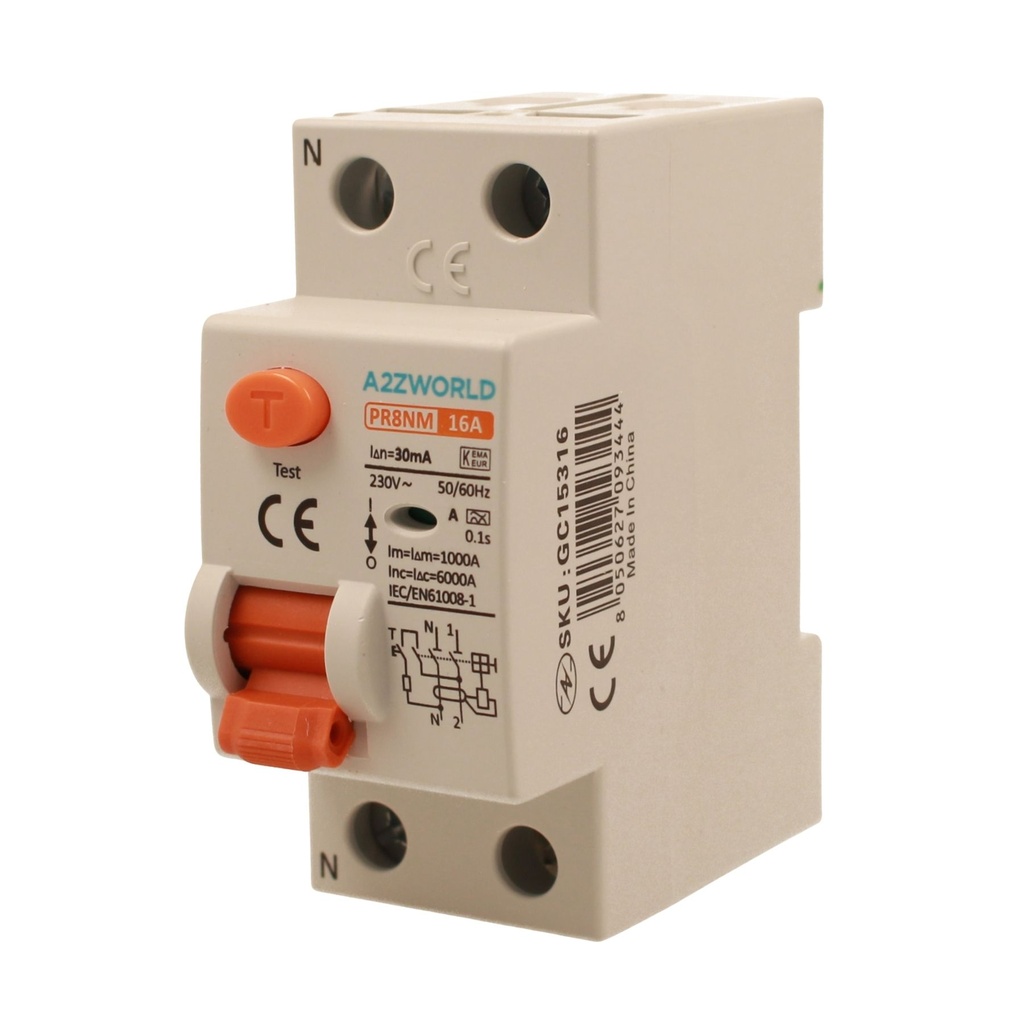 RCCB Interruttore Differenziale Puro Tipo A 1P+N 2M 6000A 30mA 16A AC 230V IP20 IEC61008-1 PR8NM