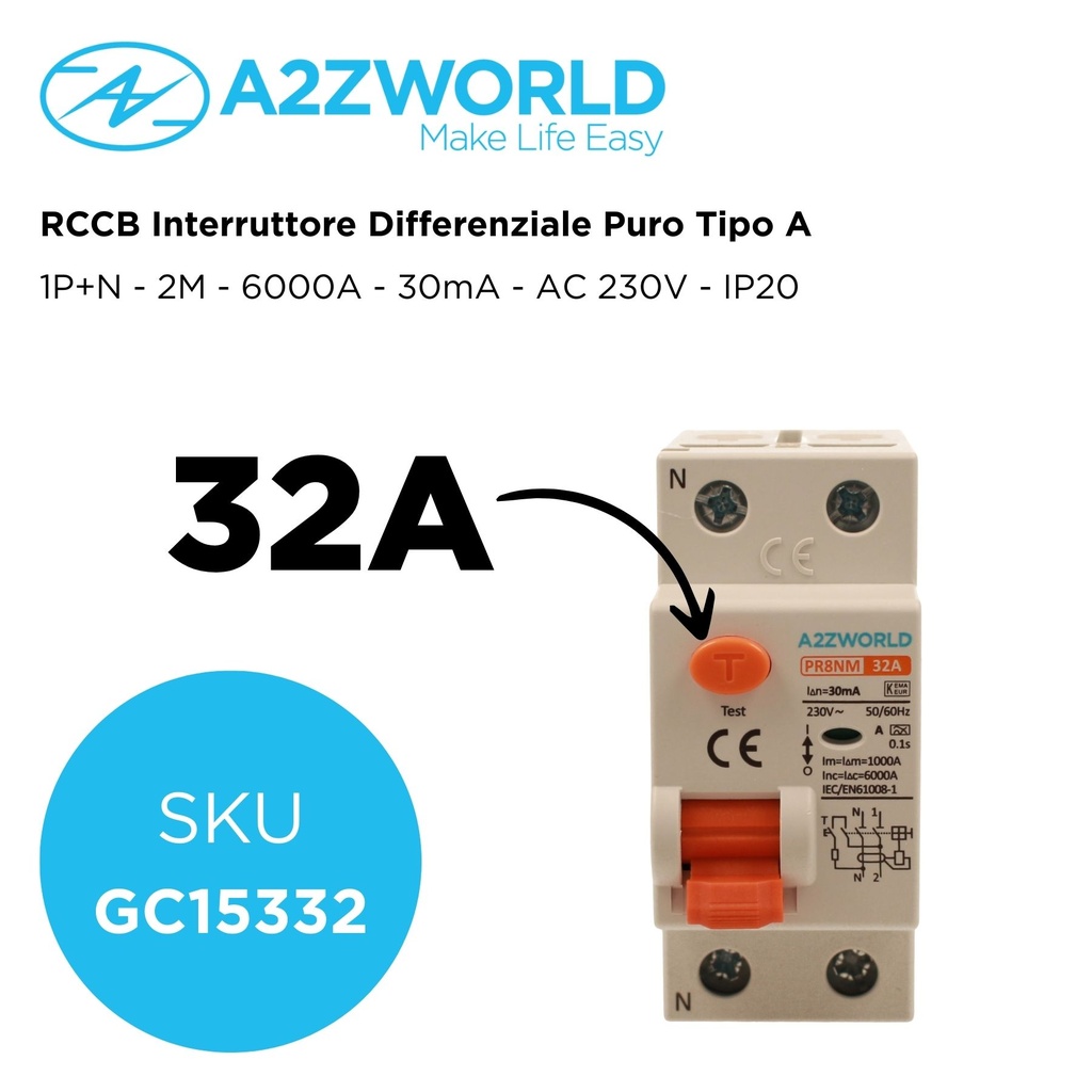RCCB Interruttore Differenziale Puro Tipo A 1P+N 2M 6000A 30mA 32A AC 230V IP20 IEC61008-1 PR8NM