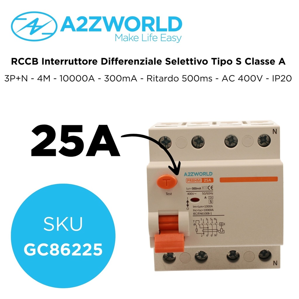 RCCB Interruttore Differenziale Selettivo Tipo S Classe A 3P+N 4M 10000A 300mA Ritardo 500ms 25A AC 400V IP20 IEC61008-1 PR8HM