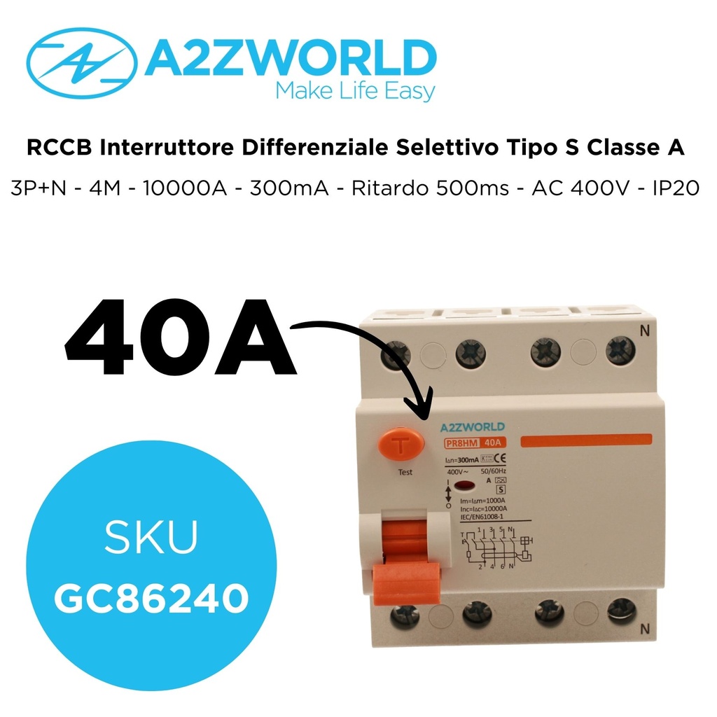 RCCB Interruttore Differenziale Selettivo Tipo S Classe A 3P+N 4M 10000A 300mA Ritardo 500ms 40A AC 400V IP20 IEC61008-1 PR8HM
