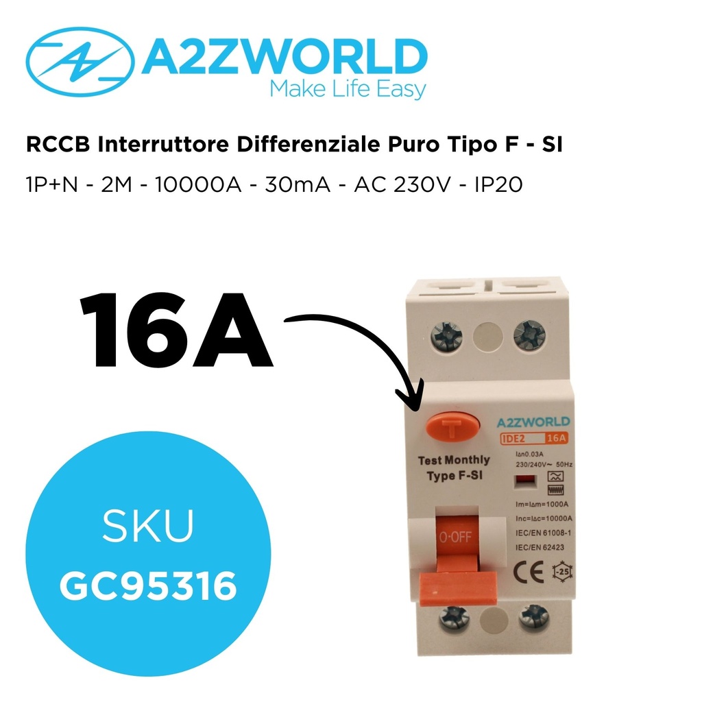 RCCB Interruttore Differenziale Puro Tipo F - SI 1P+N 2M 10000A 30mA Super Immunizzato 16A AC 230V IP20 IEC61008-1
