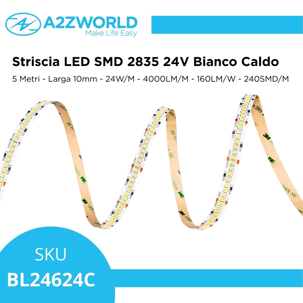 Striscia LED SMD 2835 24V, 5 Metri, Larga 10mm, Caldo 3000K, Super Luminoso 24W/M 4000LM/M 160LM/W 240SMD/M, Dimmerabile PWM, Tagliabile ogni 33mm, IP20, CRI>80