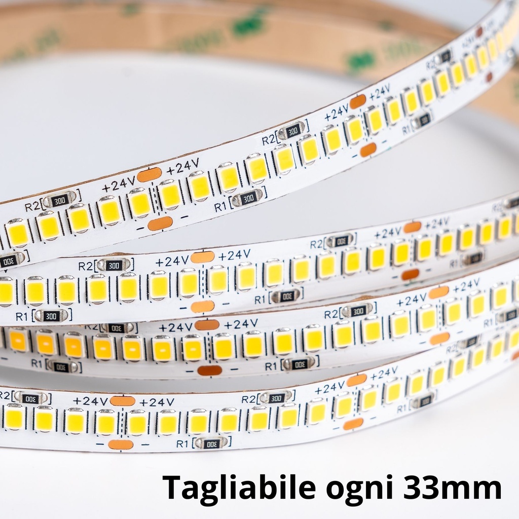 Striscia LED SMD 2835 24V, 5 Metri, Larga 10mm, Caldo 3000K, Super Luminoso 24W/M 4000LM/M 160LM/W 240SMD/M, Dimmerabile PWM, Tagliabile ogni 33mm, IP20, CRI>80