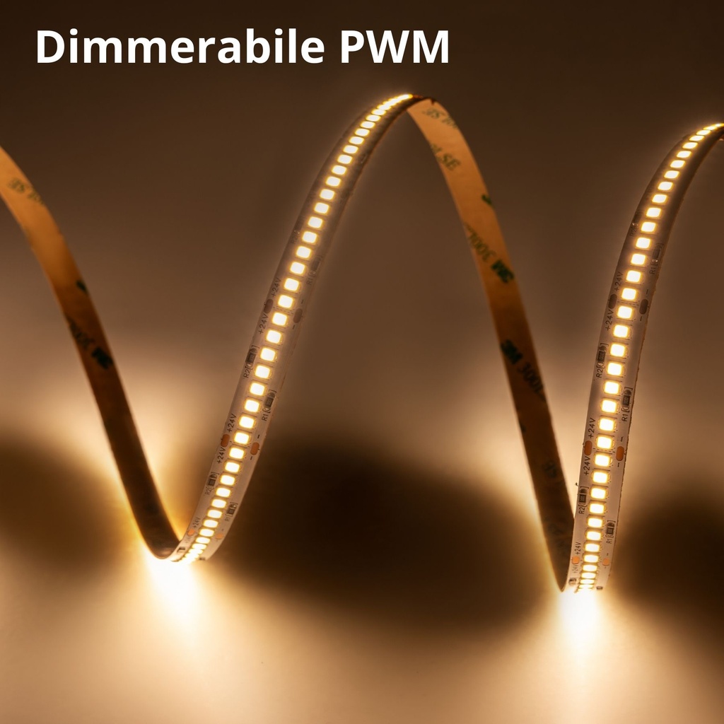 Striscia LED SMD 2835 24V, 5 Metri, Larga 10mm, Caldo 3000K, Super Luminoso 24W/M 4000LM/M 160LM/W 240SMD/M, Dimmerabile PWM, Tagliabile ogni 33mm, IP20, CRI>80