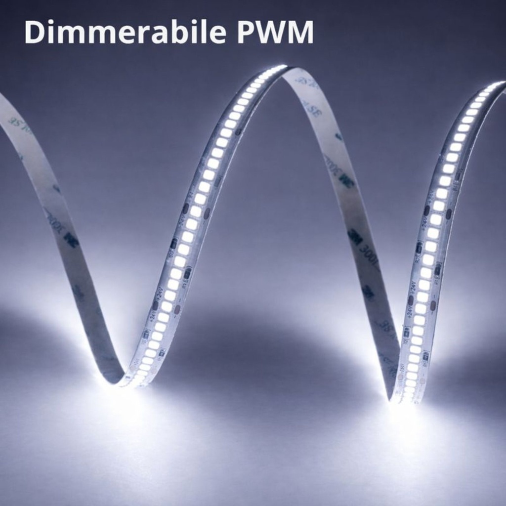 Striscia LED SMD 2835 24V, 5 Metri, Larga 10mm, Freddo 6500K, Super Luminoso 24W/M 4000LM/M 160LM/W 240SMD/M, Dimmerabile PWM, Tagliabile ogni 33mm, IP20, CRI>80