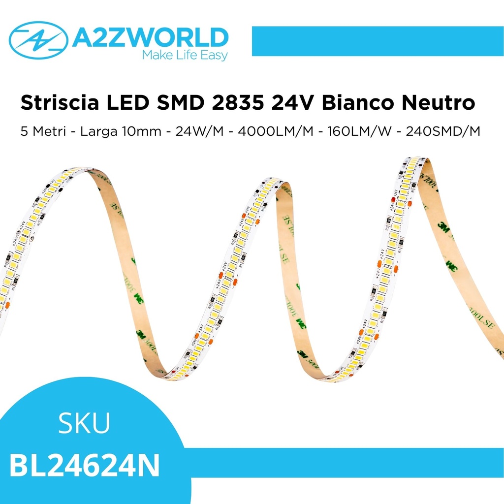 Striscia LED SMD 2835 24V, 5 Metri, Larga 10mm, Neutro 4000K, Super Luminoso 24W/M 4000LM/M 160LM/W 240SMD/M, Dimmerabile PWM, Tagliabile ogni 33mm, IP20, CRI>80