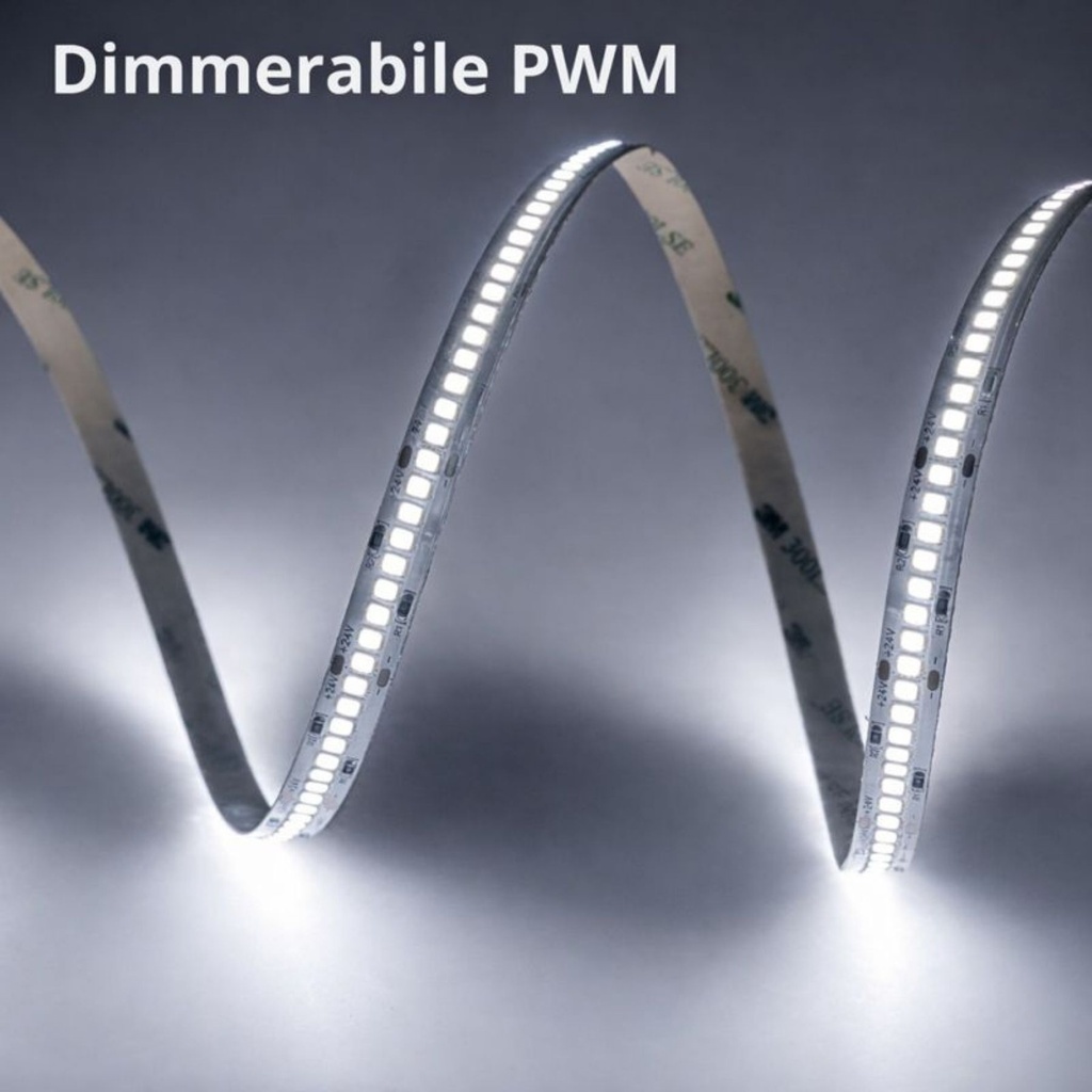 Striscia LED SMD 2835 24V, 5 Metri, Larga 10mm, Neutro 4000K, Super Luminoso 24W/M 4000LM/M 160LM/W 240SMD/M, Dimmerabile PWM, Tagliabile ogni 33mm, IP20, CRI>80