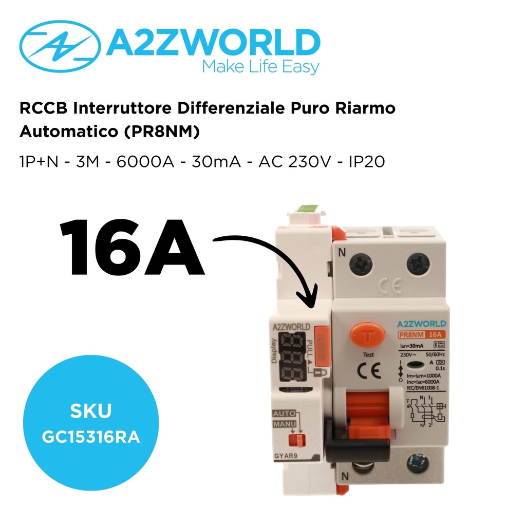 RCCB Interruttore Differenziale Puro Riarmo Automatico, Tipo A 1P+N 3M 6000A 30mA 16A AC 230V IP20 IEC61008-1 PR8NM