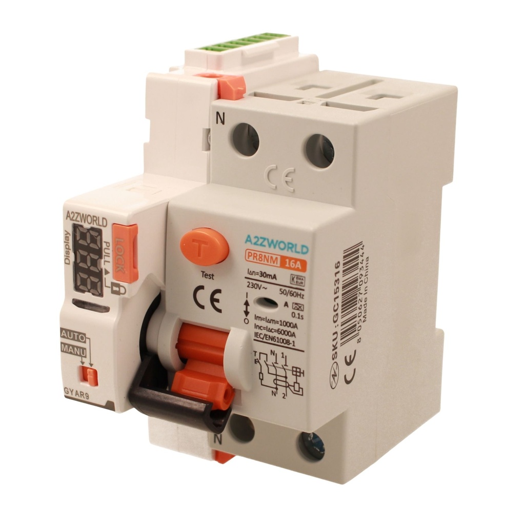 RCCB Interruttore Differenziale Puro Riarmo Automatico, Tipo A 1P+N 3M 6000A 30mA 16A AC 230V IP20 IEC61008-1 PR8NM