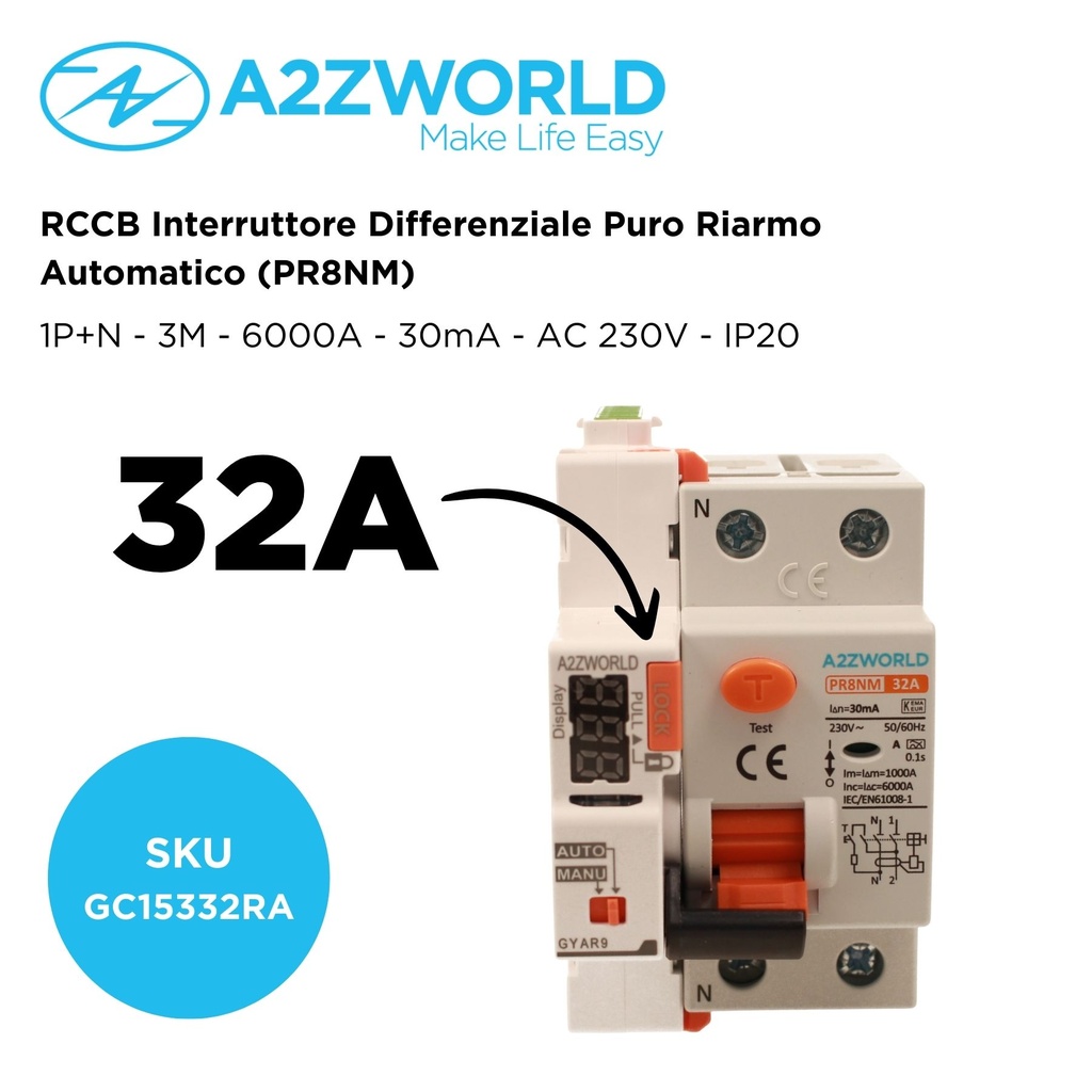 RCCB Interruttore Differenziale Puro Riarmo Automatico, Tipo A 1P+N 3M 6000A 30mA 32A AC 230V IP20 IEC61008-1 PR8NM