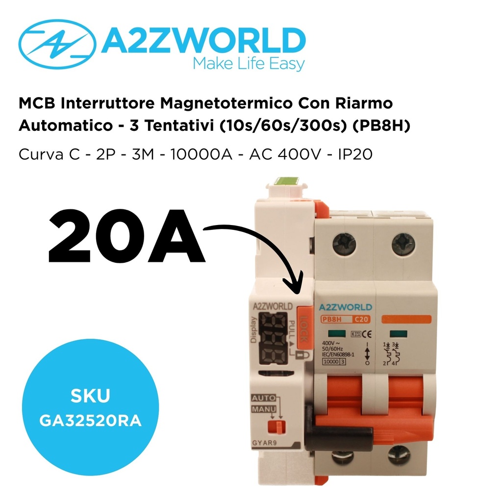 MCB Interruttore Magnetotermico Con Riarmo Automatico, Curva C 2P 3M 10000A C20A AC 400V PB8H, 3 Tentativi (10s/60s/300s)