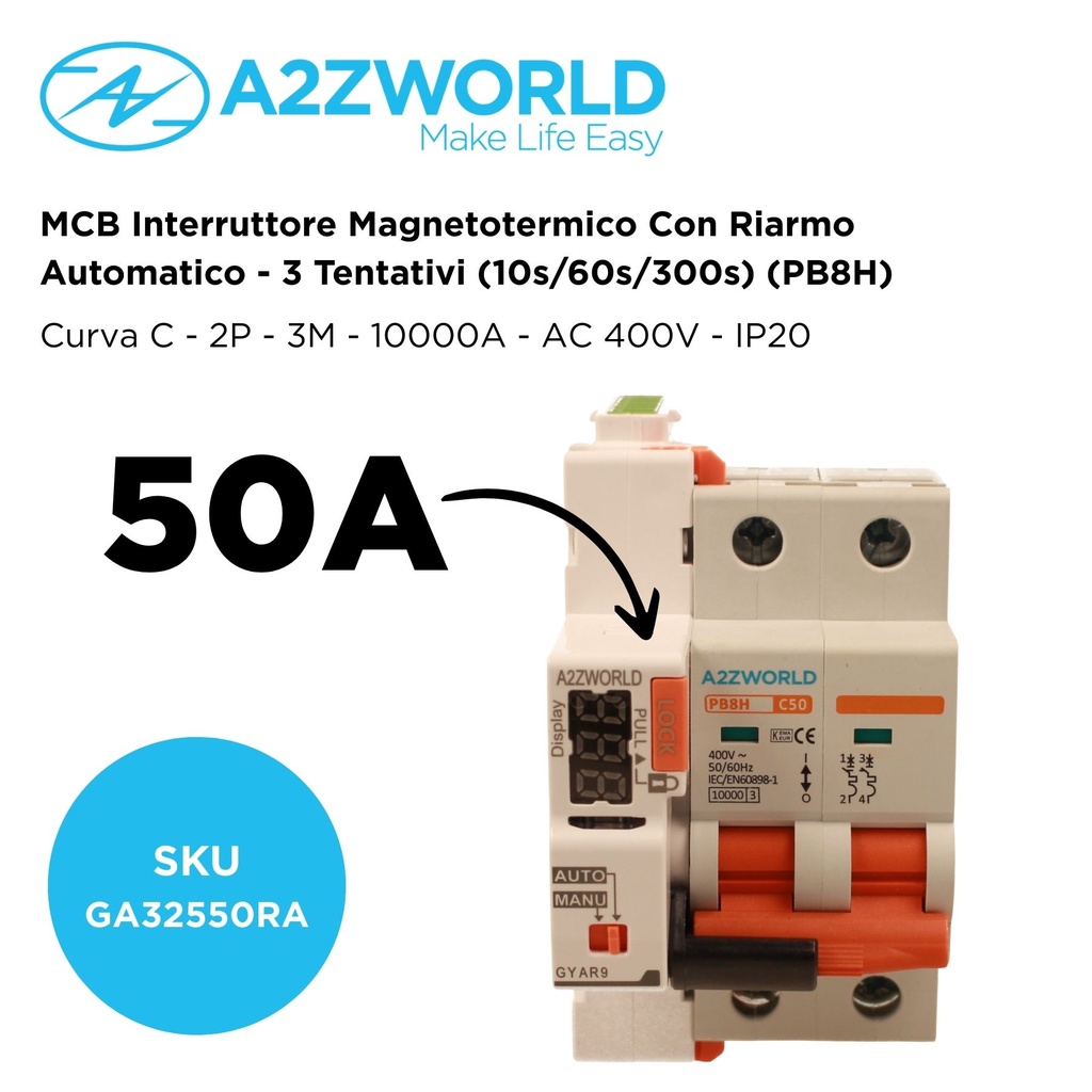 MCB Interruttore Magnetotermico Con Riarmo Automatico, Curva C 2P 3M 10000A C50A AC 400V PB8H, 3 Tentativi (10s/60s/300s)