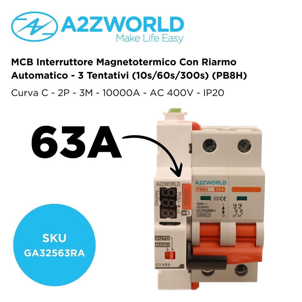 MCB Interruttore Magnetotermico Con Riarmo Automatico, Curva C 2P 3M 10000A C63A AC 400V PB8H, 3 Tentativi (10s/60s/300s)