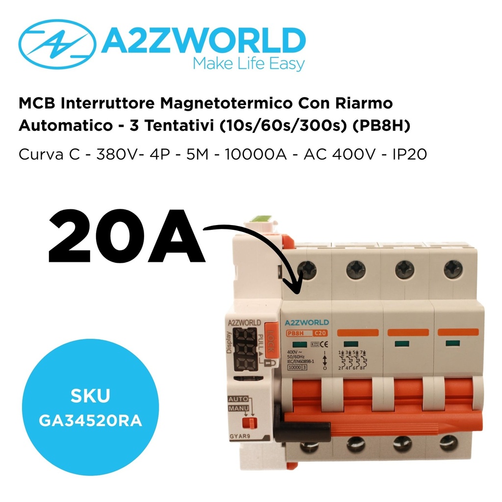 MCB Interruttore Magnetotermico Trifase Con Riarmo Automatico, 380V 20A Curva C 4P 5M 10000A C20A AC 400V PB8H, 3 Tentativi (10s/60s/300s)