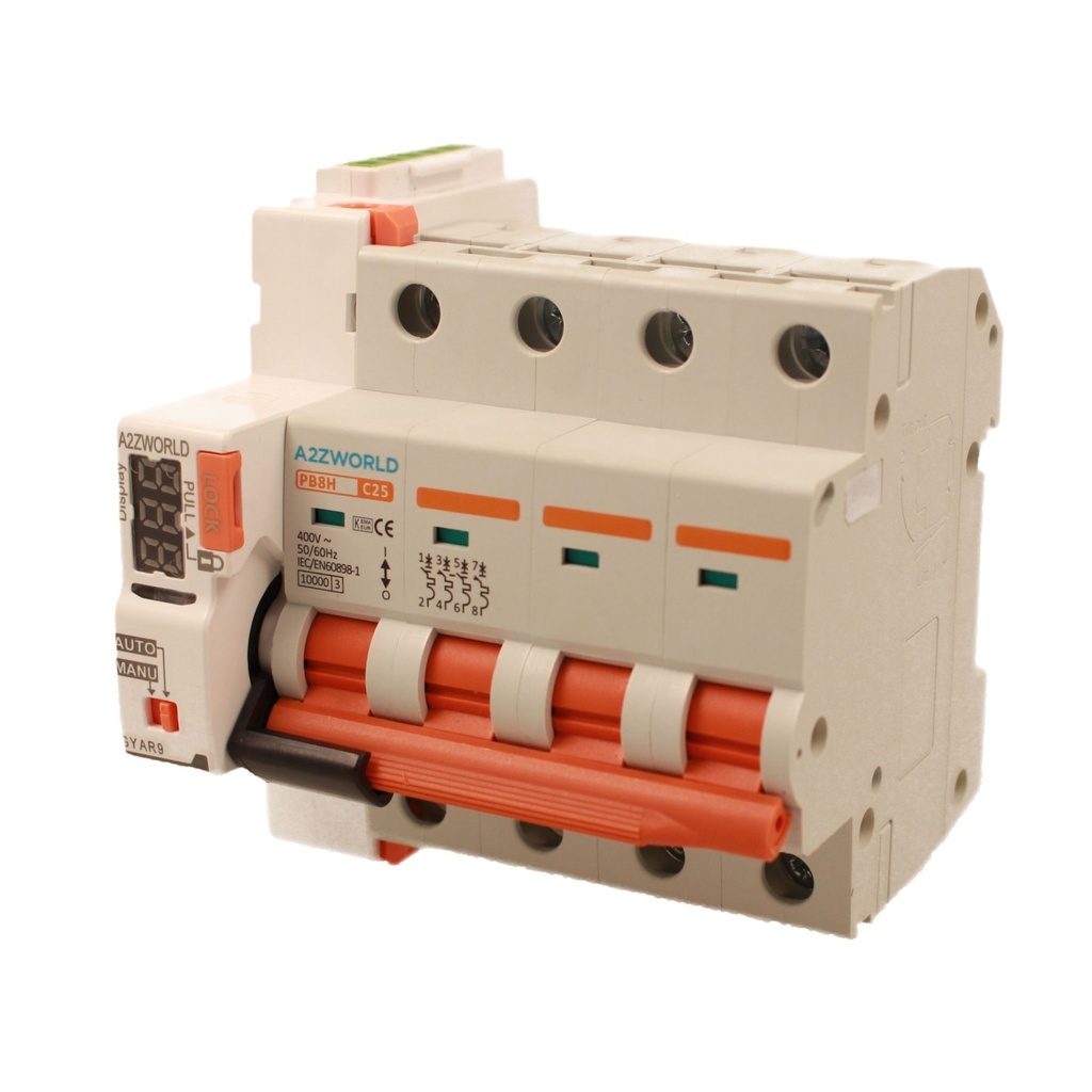 MCB Interruttore Magnetotermico Trifase Con Riarmo Automatico, 380V 25A Curva C 4P 5M 10000A C25A AC 400V PB8H, 3 Tentativi (10s/60s/300s)