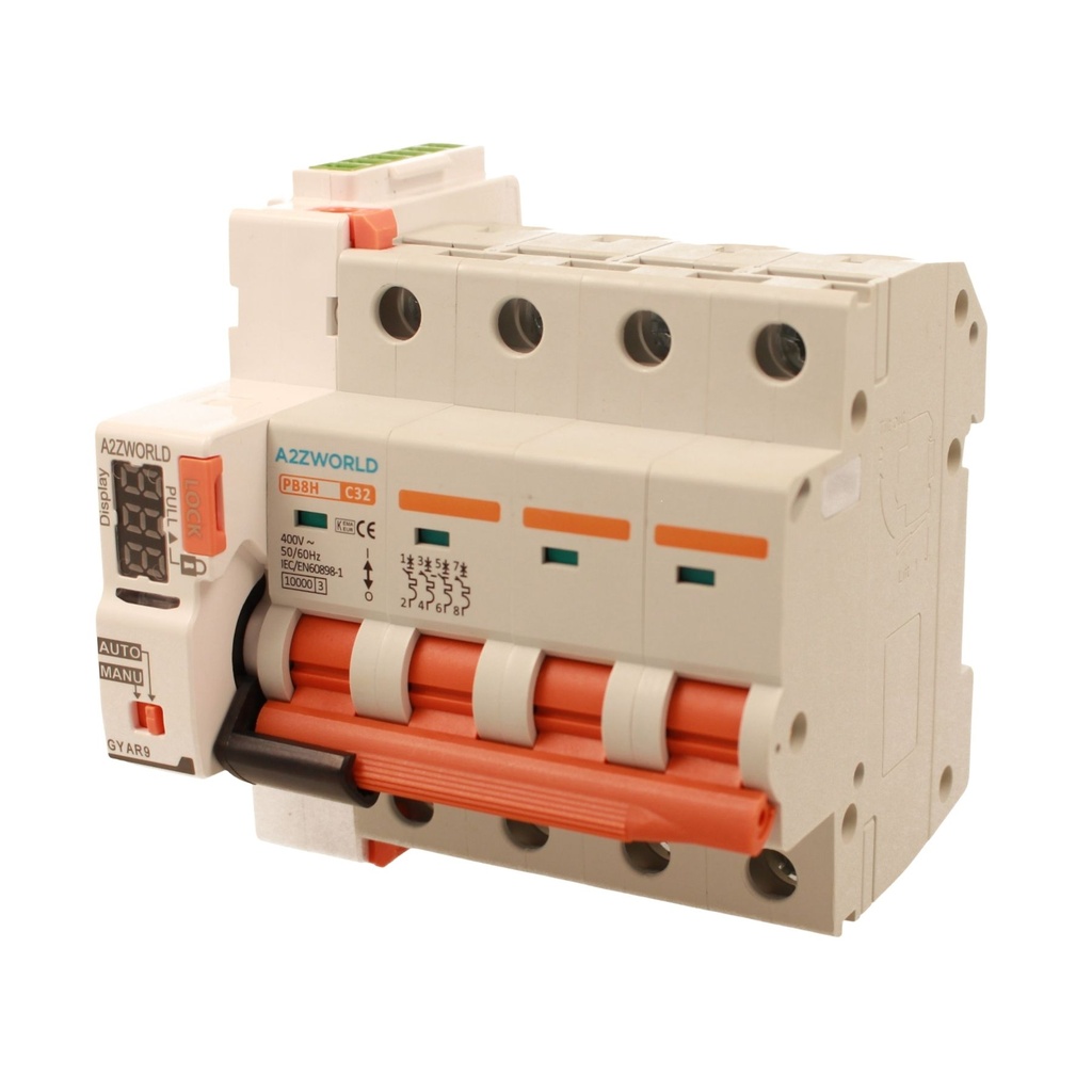 MCB Interruttore Magnetotermico Trifase Con Riarmo Automatico, 380V 32A Curva C 4P 5M 10000A C32A AC 400V PB8H, 3 Tentativi (10s/60s/300s)