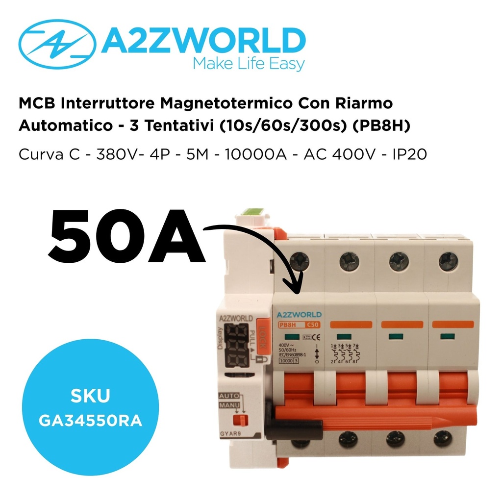 MCB Interruttore Magnetotermico Trifase Con Riarmo Automatico, 380V 50A Curva C 4P 5M 10000A C50A AC 400V PB8H, 3 Tentativi (10s/60s/300s)