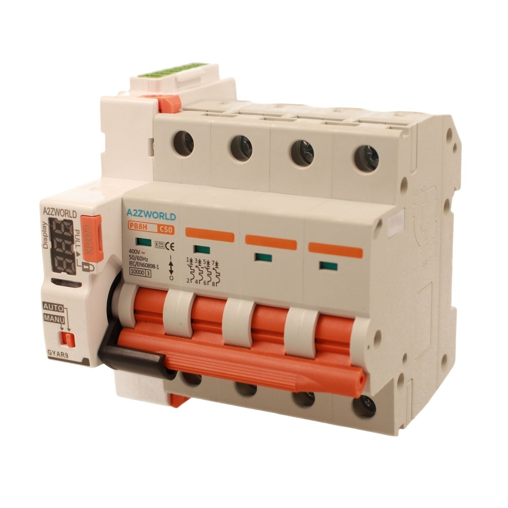 MCB Interruttore Magnetotermico Trifase Con Riarmo Automatico, 380V 50A Curva C 4P 5M 10000A C50A AC 400V PB8H, 3 Tentativi (10s/60s/300s)