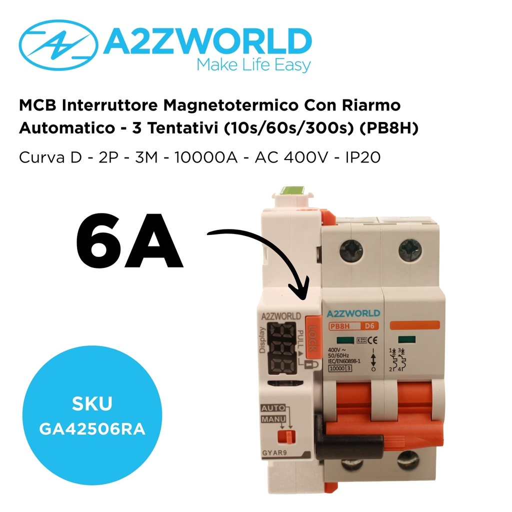 MCB Interruttore Magnetotermico Con Riarmo Automatico, Curva D 2P 3M 10000A D6A AC 400V PB8H, 3 Tentativi (10s/60s/300s)