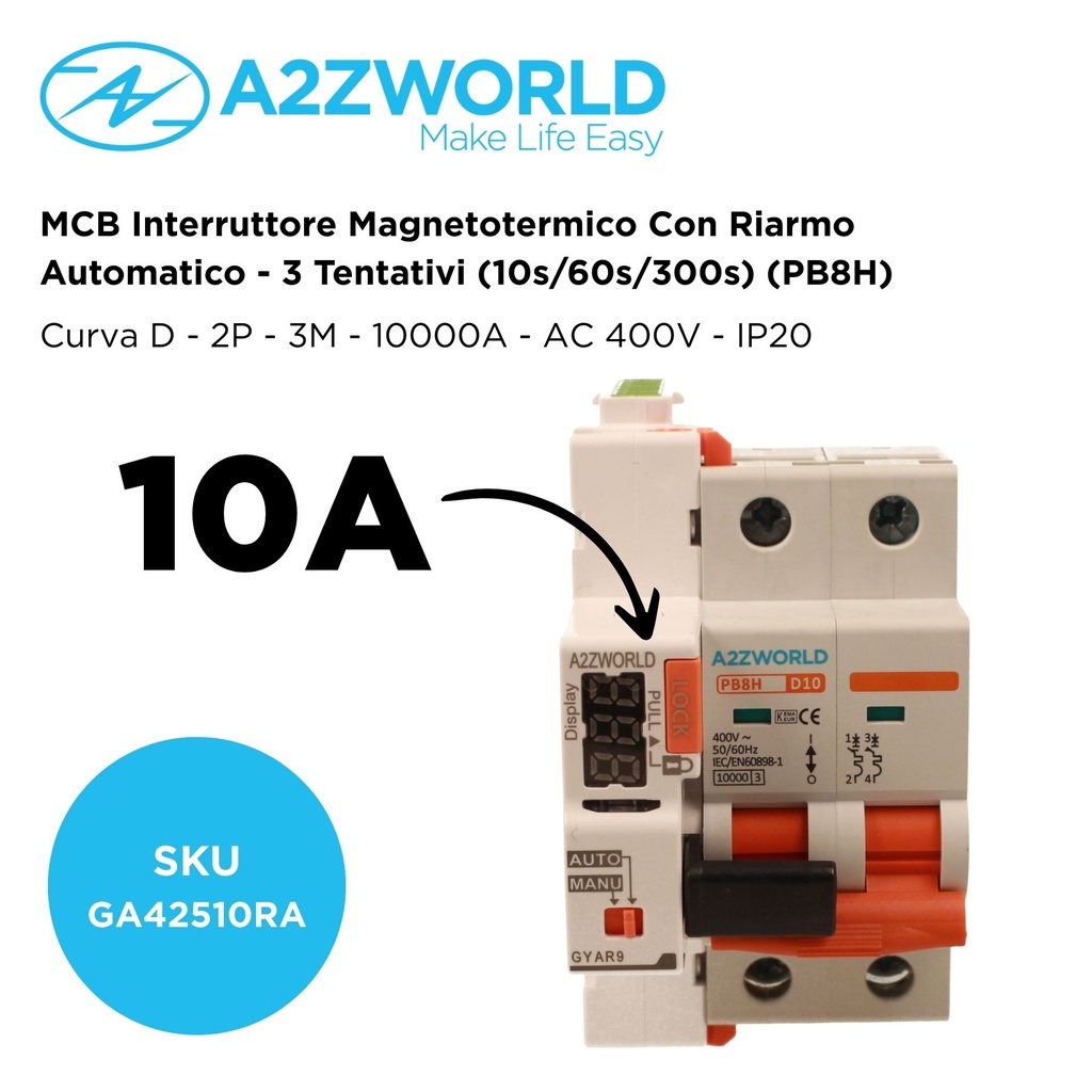 MCB Interruttore Magnetotermico Con Riarmo Automatico, Curva D 2P 3M 10000A D10A AC 400V PB8H, 3 Tentativi (10s/60s/300s)