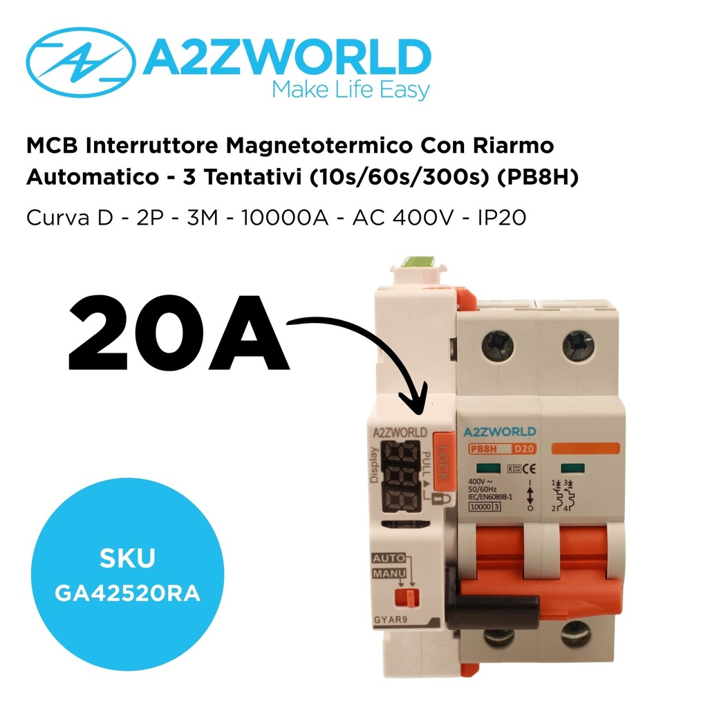 MCB Interruttore Magnetotermico Con Riarmo Automatico, Curva D 2P 3M 10000A D20A AC 400V PB8H, 3 Tentativi (10s/60s/300s)