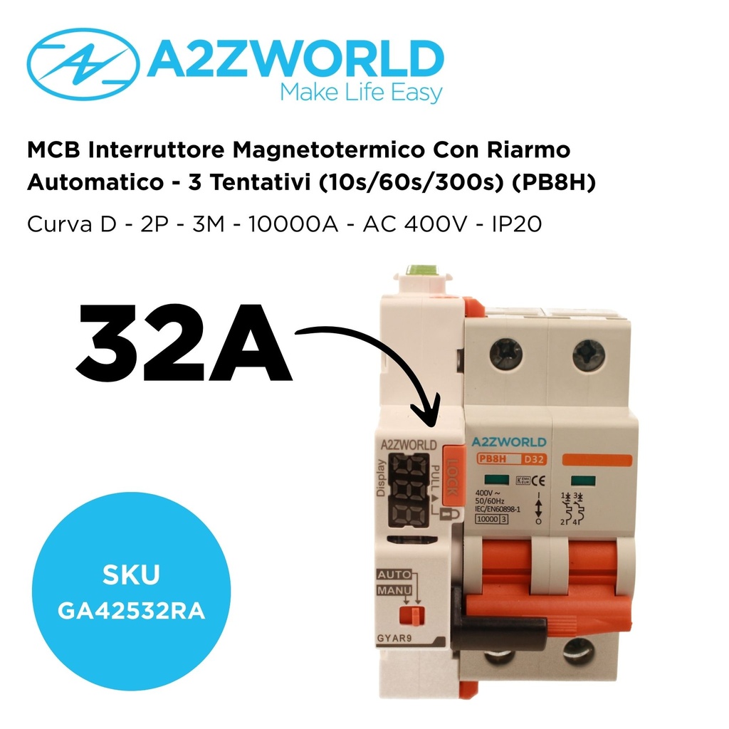 MCB Interruttore Magnetotermico Con Riarmo Automatico, Curva D 2P 3M 10000A D32A AC 400V PB8H, 3 Tentativi (10s/60s/300s)