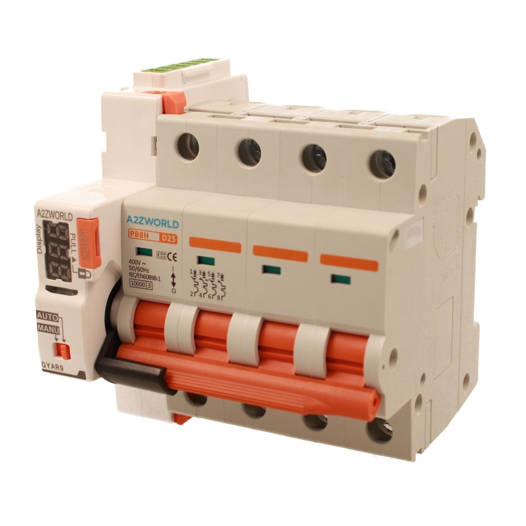 MCB Interruttore Magnetotermico Trifase Con Riarmo Automatico, Curva D 4P 5M 10000A D25A AC 400V PB8H, 3 Tentativi (10s/60s/300s)