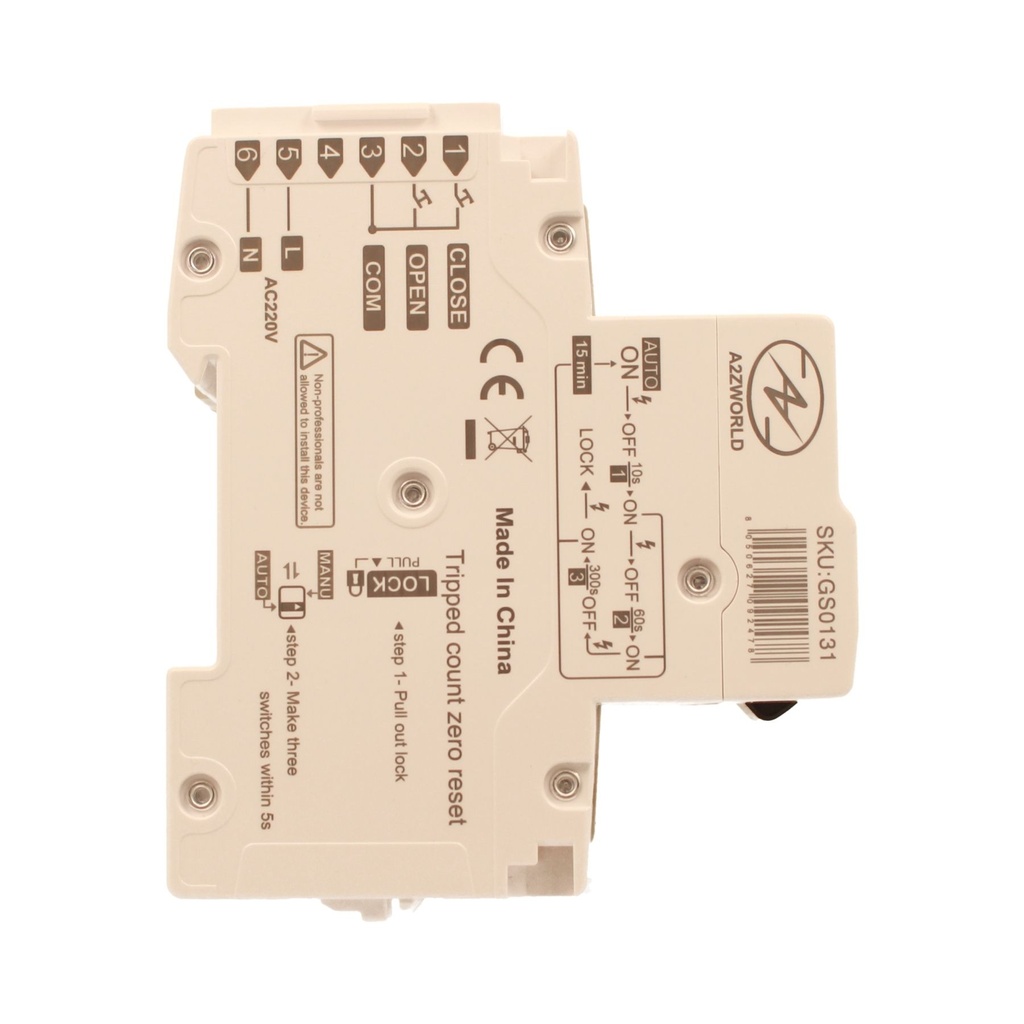 MCB Interruttore Magnetotermico Con Riarmo Automatico, Curva B 1P+N 2M 6000A B16A AC 230V PN8H, 3 Tentativi (10s/60s/300s)
