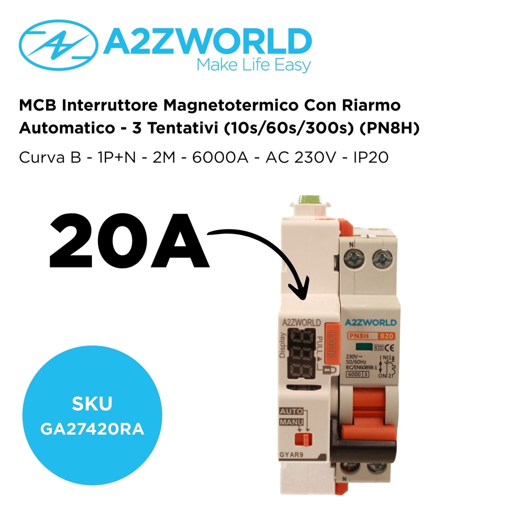 MCB Interruttore Magnetotermico Con Riarmo Automatico, Curva B 1P+N 2M 6000A B20A AC 230V PN8H, 3 Tentativi (10s/60s/300s)