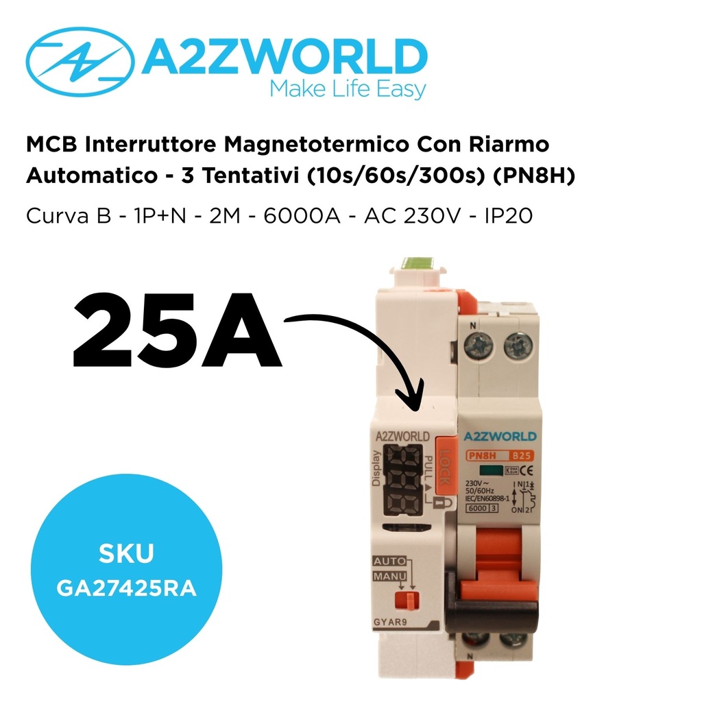 MCB Interruttore Magnetotermico Con Riarmo Automatico, Curva B 1P+N 2M 6000A B25A AC 230V PN8H, 3 Tentativi (10s/60s/300s)