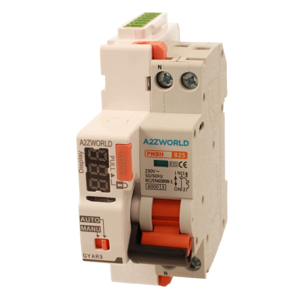 MCB Interruttore Magnetotermico Con Riarmo Automatico, Curva B 1P+N 2M 6000A B25A AC 230V PN8H, 3 Tentativi (10s/60s/300s)