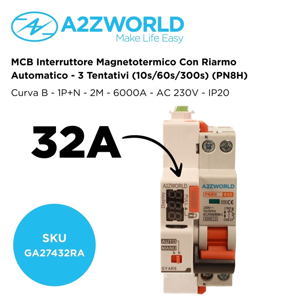 MCB Interruttore Magnetotermico Con Riarmo Automatico, Curva B 1P+N 2M 6000A B32A AC 230V PN8H, 3 Tentativi (10s/60s/300s)