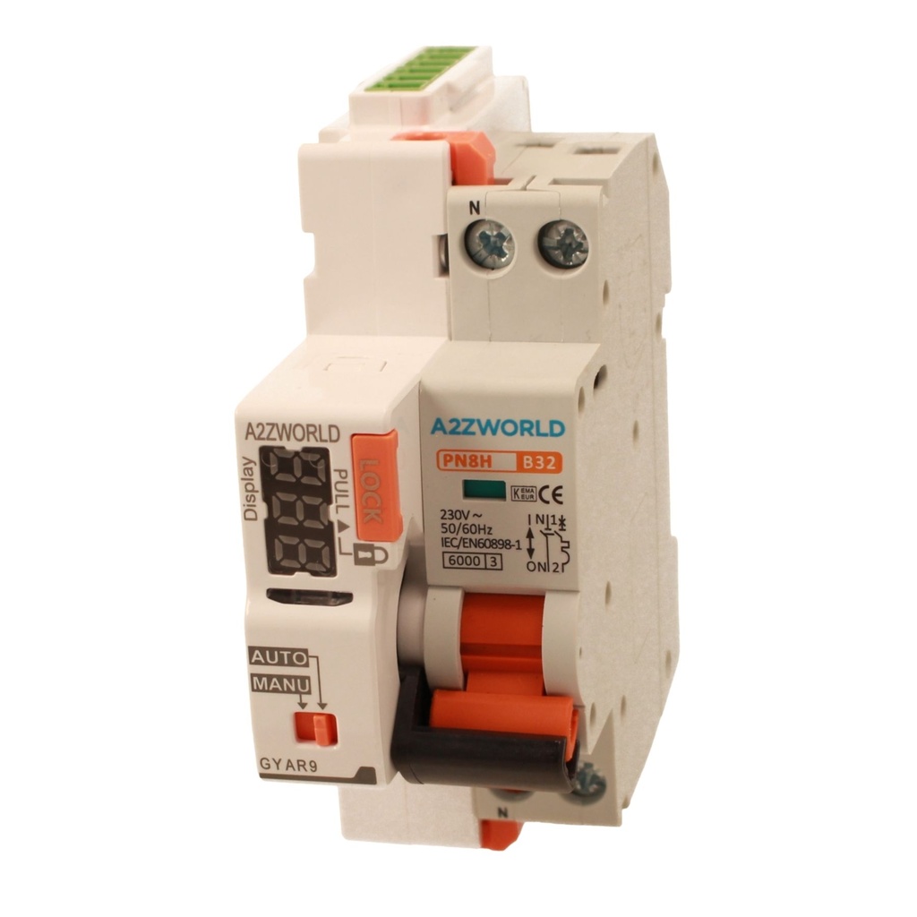 MCB Interruttore Magnetotermico Con Riarmo Automatico, Curva B 1P+N 2M 6000A B32A AC 230V PN8H, 3 Tentativi (10s/60s/300s)