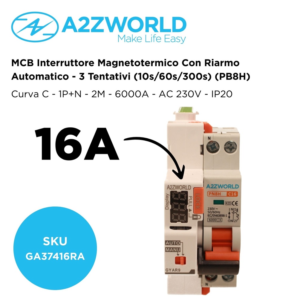 MCB Interruttore Magnetotermico Con Riarmo Automatico, Curva C 1P+N 2M 6000A C16A AC 230V PN8H, 3 Tentativi (10s/60s/300s)