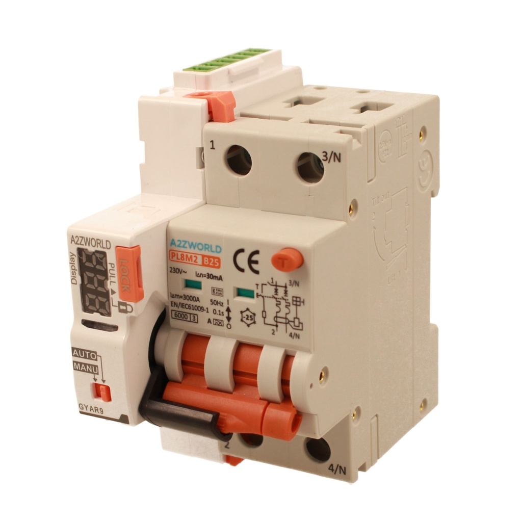 RCBO Interruttore Magnetotermico Differenziale Con Riarmo Automatico, Tipo A Curva B 2P Veri 3M 6000A 30mA, B25A  AC 230V IP20 PL8M2, 3 Tentativi (10s/60s/300s)
