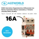 RCBO Interruttore Magnetotermico Differenziale Con Riarmo Automatico, Tipo A Curva B 2P Veri 3M 6000A 300mA, B16A  AC 230V IP20 PL8M2, 3 Tentativi (10s/60s/300s)